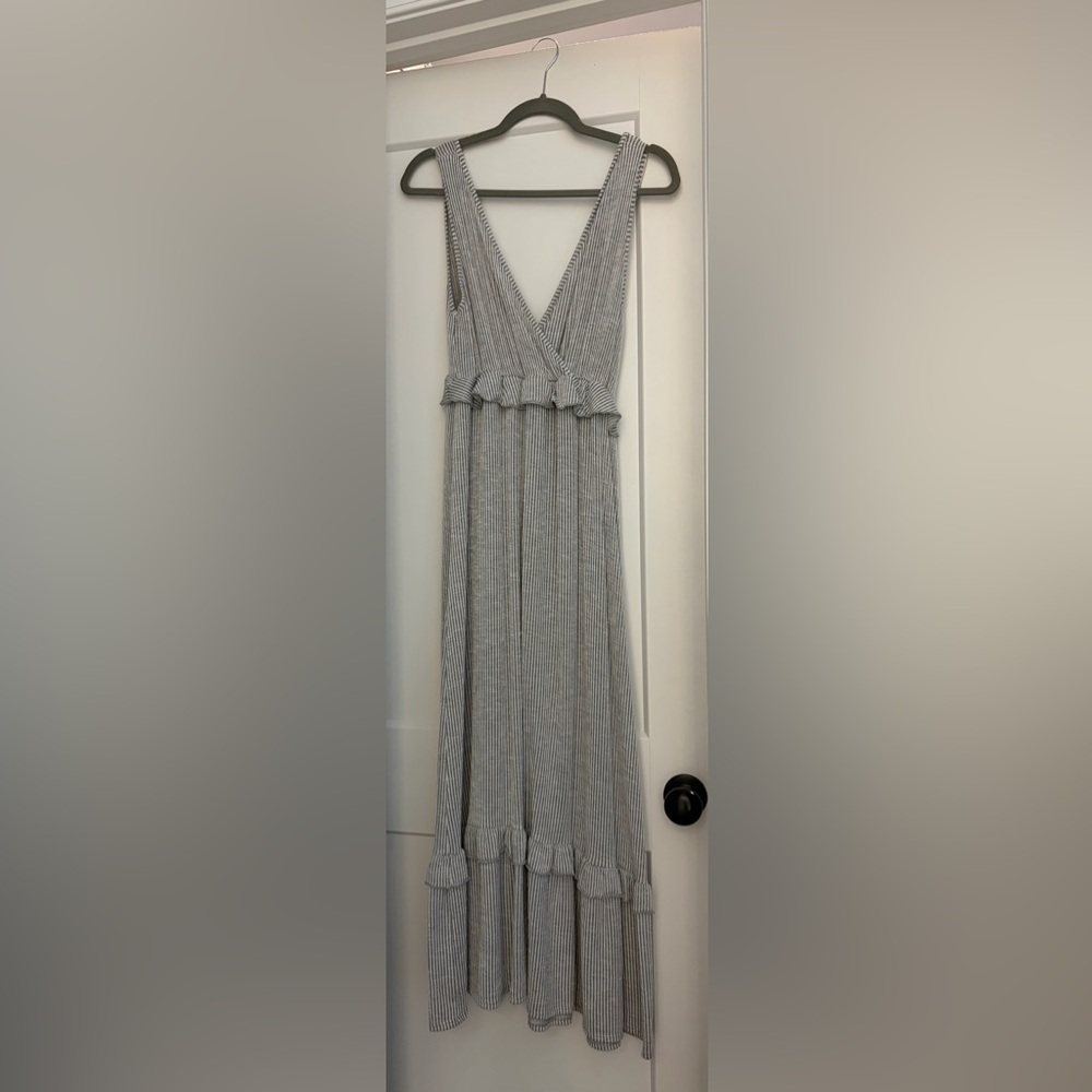 Caution To The Wind Gray & White Striped Maxi Skirt